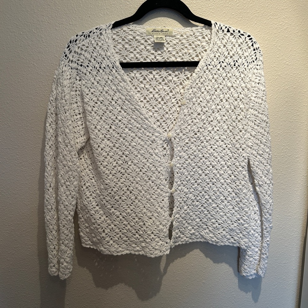Eddie Bauer White Cardigan Sweater V-Neck Knit